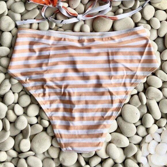 Bikini Set Peach Stripes Floral Halter Top - Picture 10 of 10